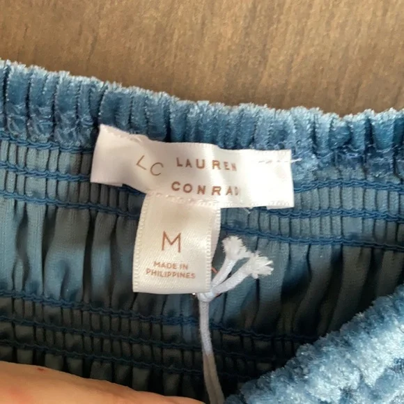 Relisted LC Lauren Conrad smocked flounce hem velvet dress duller blue size M - Picture 7 of 16